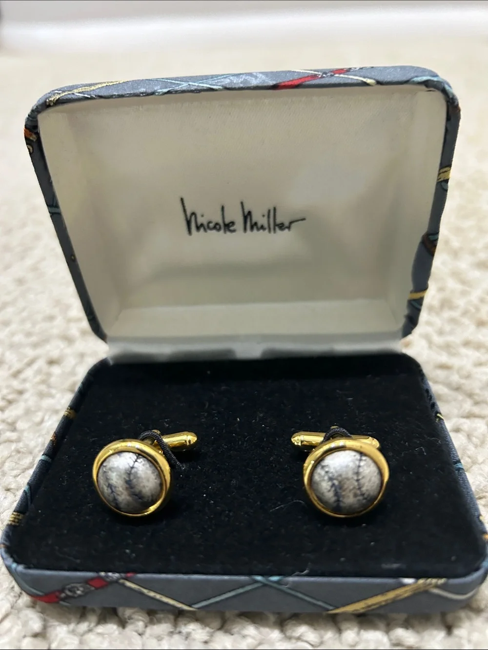 Nicole Miller Gold Tone Cufflinks with White Marble-Look Stone Baseballs.